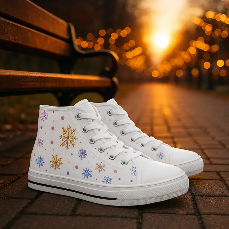 High-top canvas sneakers featuring a winter snowflake pattern in blue, purple, and gold. Durable rubber sole footwear for the holiday season.