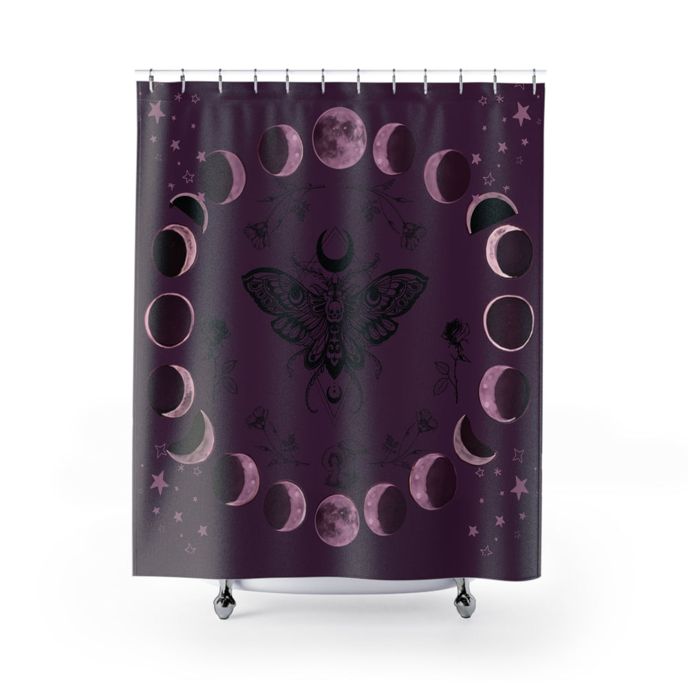 Moon Phase Moth Shower Curtain — Gothic Celestial Bathroom Decor