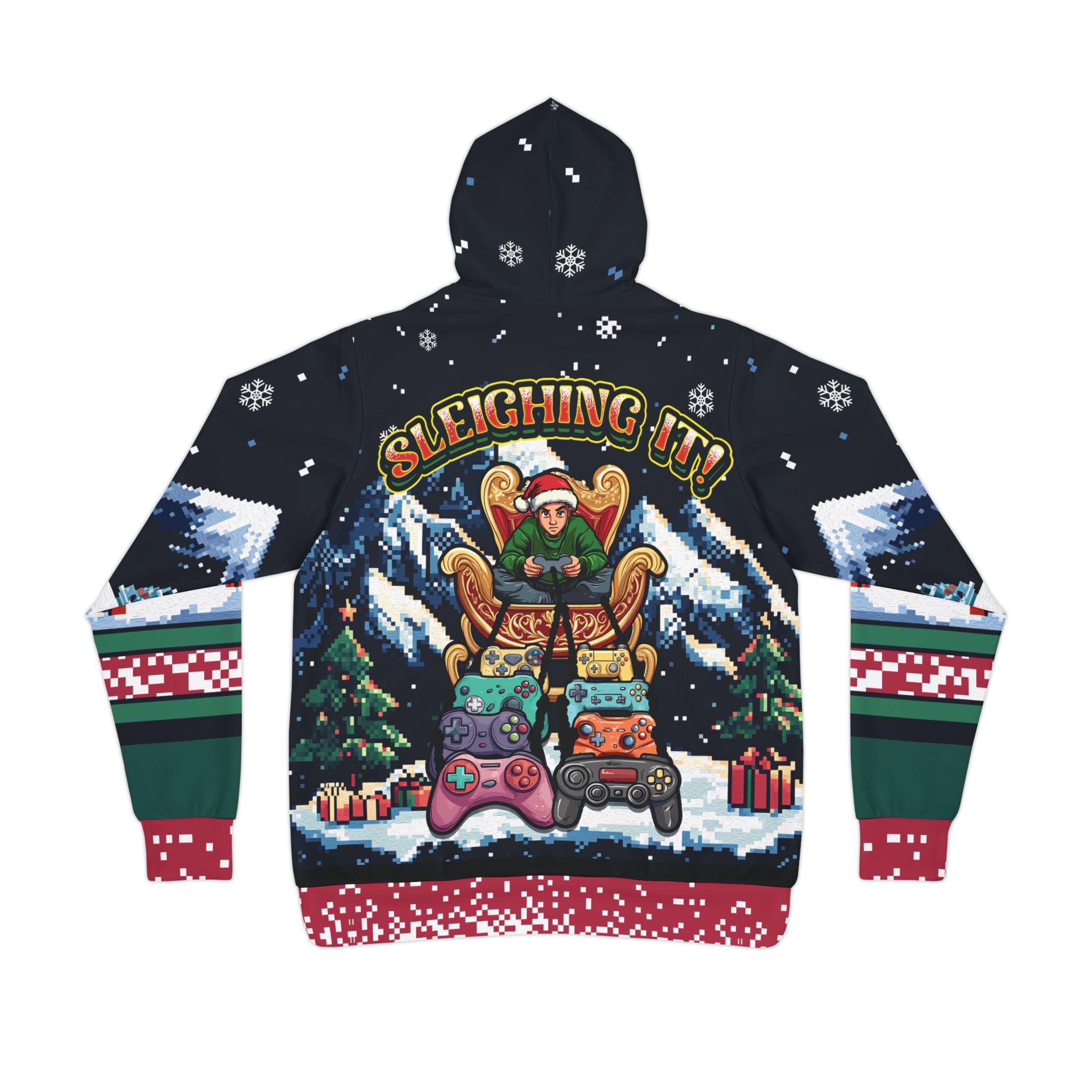 Gamer Christmas Hoodie Pixel Art - Back view 'Sleighing It!' gamer Santa with controllers | Our Phoenix Rise