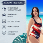 Patriotic One Piece Swimsuit Women - Model standing on beach front view | Our Phoenix Rise