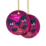 Butterfly Rose Ceramic Ornament - "Live Your Best Life" Double-Sided Christmas Decoration