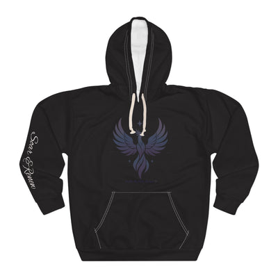 Black hoodie with a winged logo on a white background