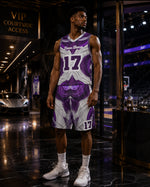 Custom Purple Basketball Jersey & Shorts - Player in VIP Lounge Setting | Our Phoenix Rise