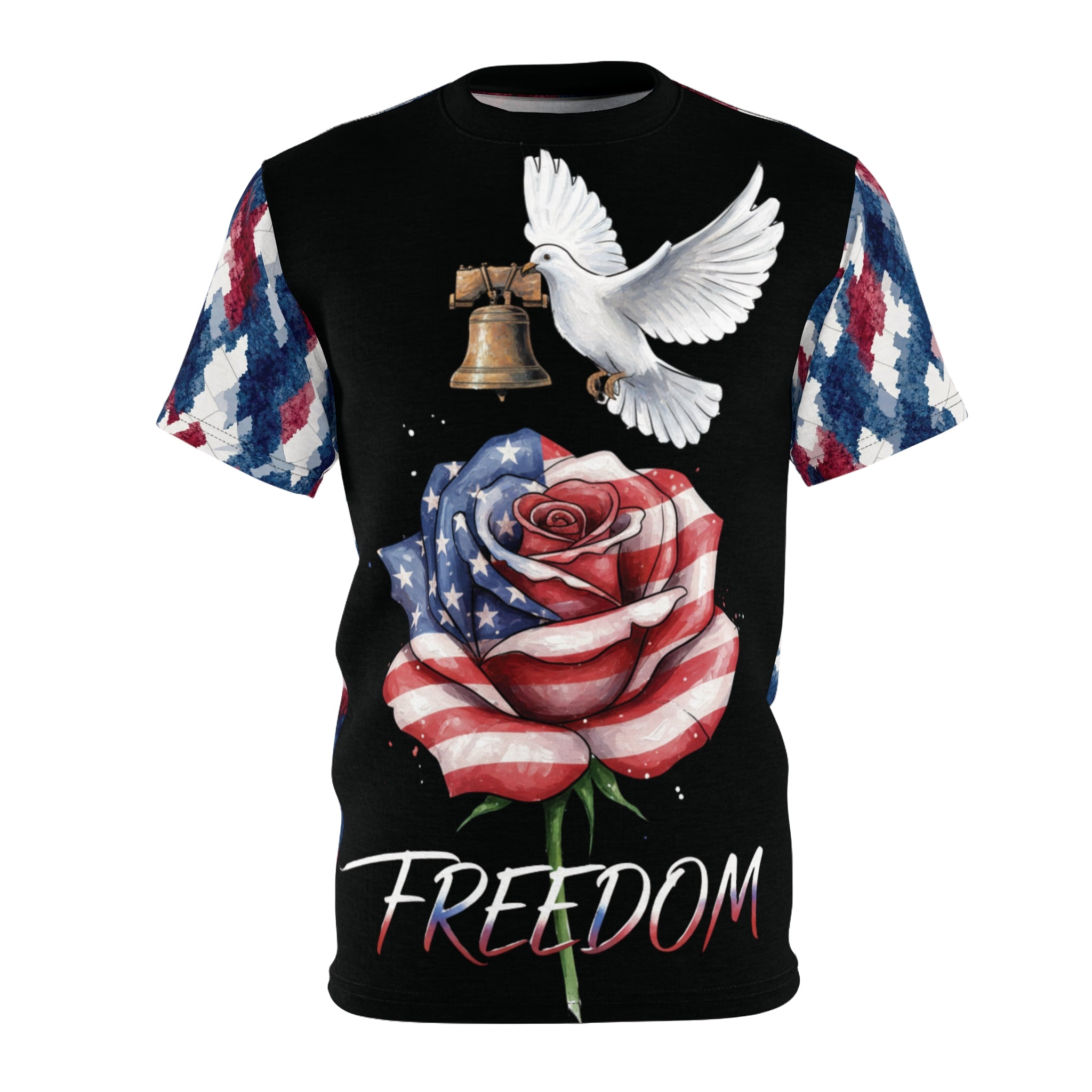 Freedom Rose Tee — American Flag Rose, Dove & Liberty Bell Patriotic T-Shirt