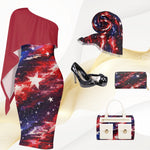 A coordinated fashion set featuring a one-shoulder dress with a red top panel and a galaxy-print skirt, a matching fringed scarf, black high heels, a matching zip pouch, and a handbag with red, white, and blue galaxy print and white front panels.