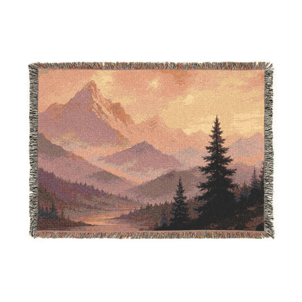 Mountain Landscape Woven Blanket | Scenic Sunset and Night Forest Throw