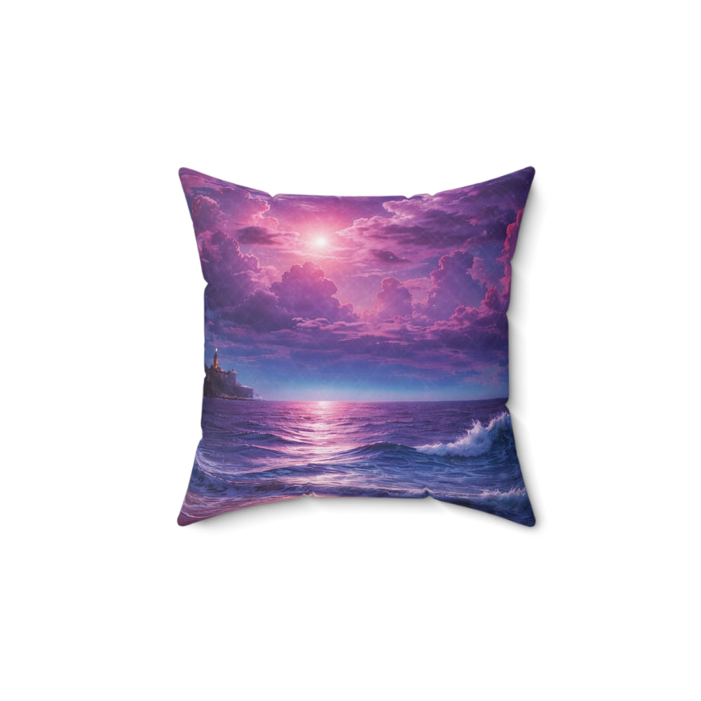 Purple Seascape Throw Pillow — Sunset Ocean Waves Decorative Pillow