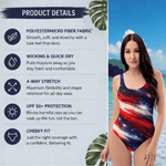 Patriotic One Piece Swimsuit Women - Model back view beach setting | Our Phoenix Rise