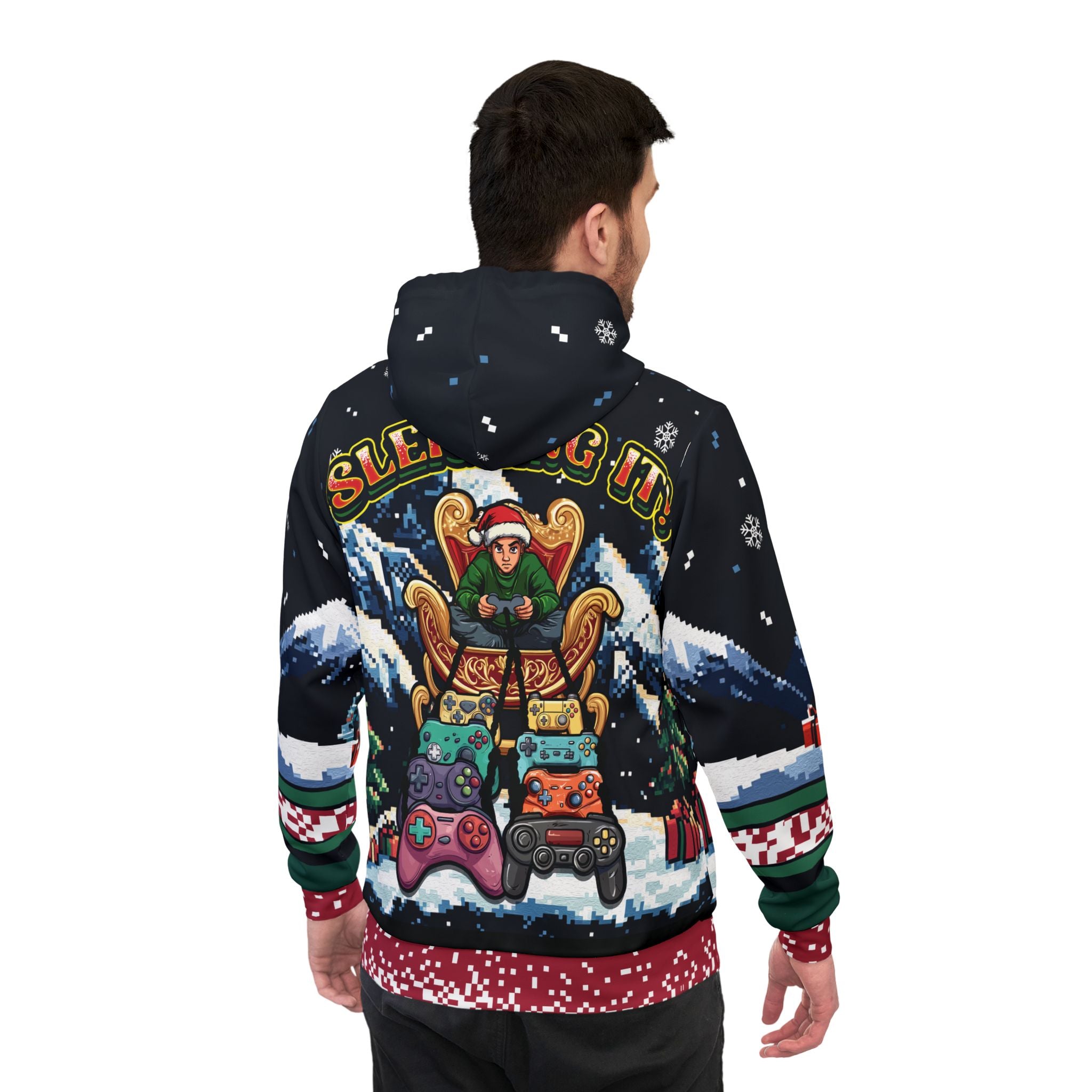 Gamer Christmas Hoodie Pixel Art - Flat lay showing front and back design | Our Phoenix Rise