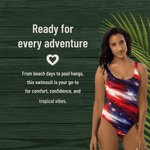 Patriotic One Piece Swimsuit Women - Model front view beach setting | Our Phoenix Rise