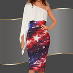 Patriotic One Shoulder Formal Dress - American Flag Galaxy Print | Evening Wear S-6XL