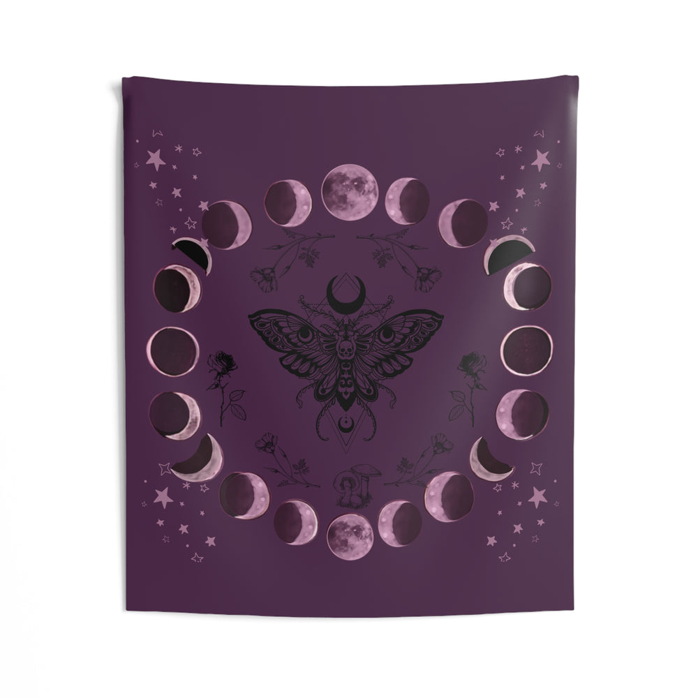 Moon Phase Tapestry — Purple Moth & Lunar Cycle Wall Hanging