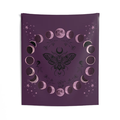 Moon Phase Tapestry — Purple Moth & Lunar Cycle Wall Hanging