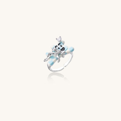 Gold-plated brass ring featuring a cute panda with crystal crown sitting on blue petals