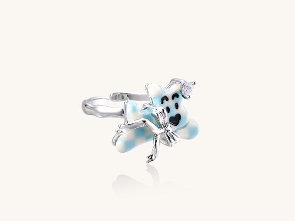 Gold-plated brass ring featuring a cute panda with crystal crown sitting on blue petals