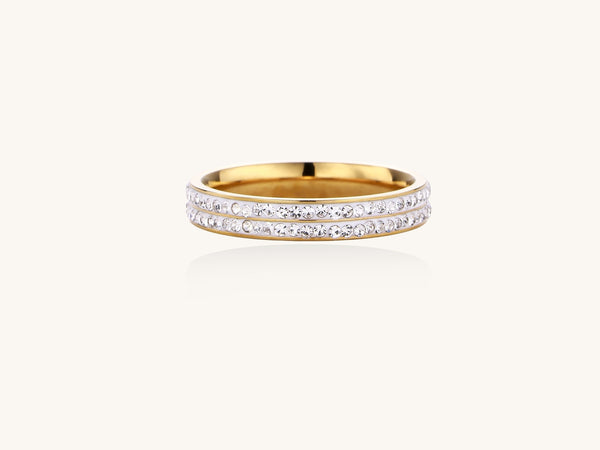 Gold-plated stainless steel ring with two parallel rows of rhinestones creating sparkling geometric bands.