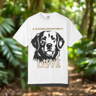 Golden Retriever Graphic T-Shirt - White on male model, forest background | Our Phoenix Rise