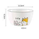 Cartoon Cat Life Ramen Noodle Bowl - angled side view, white porcelain, cartoon cats, dimensions | Our Phoenix Rise