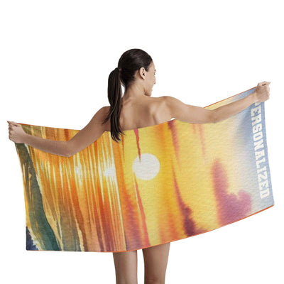 Personalized Sunset Beach Bath Towel - Model Displaying Full Sunset Graphic | Our Phoenix Rise