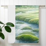 Personalized River Forest Landscape Bath Towel - Hanging on Bathroom Rack with Plant | Our Phoenix Rise