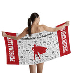 Personalized Gamer Superhero Bath Towel - Model Holding Open Towel with Superhero Silhouette | Our Phoenix Rise