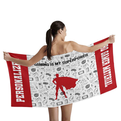 Personalized Gamer Superhero Bath Towel - Model Holding Open Towel with Superhero Silhouette | Our Phoenix Rise