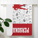 Personalized Gamer Superhero Bath Towel - Hanging on Bathroom Rail with Red Border Detail | Our Phoenix Rise