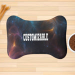 Customizable Galaxy Print Bone Shaped Pet Mat - Full view with dog bone and bowl | Our Phoenix Rise