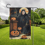 Personalized Halloween Garden Flag - Full flag display in green garden with haunted house | Our Phoenix Rise