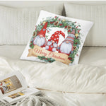 Christmas Gnome Wreath Pillow Cover - On a simple wooden bench in a home setting | Our Phoenix Rise