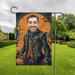 Personalized Halloween Garden Flag - custom face on scarecrow body, lush garden background | Our Phoenix Rise