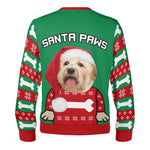 Personalized Dog Christmas Sweater - Back View Green Red with Santa Paws Text | Our Phoenix Rise