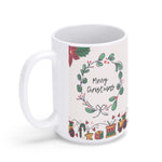 Christmas Coffee Mug 15 oz - Handle View with Poinsettia and Holly Detail | Our Phoenix Rise