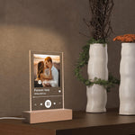Personalized Music Player Acrylic Plaque - Angled view of illuminated custom photo plaque on wooden base, against a dark back | Our Phoenix Rise