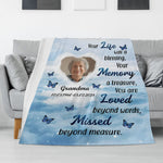 Personalized Memorial Photo Blanket - draped on living room sofa | Our Phoenix Rise