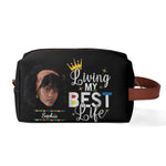 Personalized Makeup Bag - Living My Best Life, top view with zipper | Our Phoenix Rise
