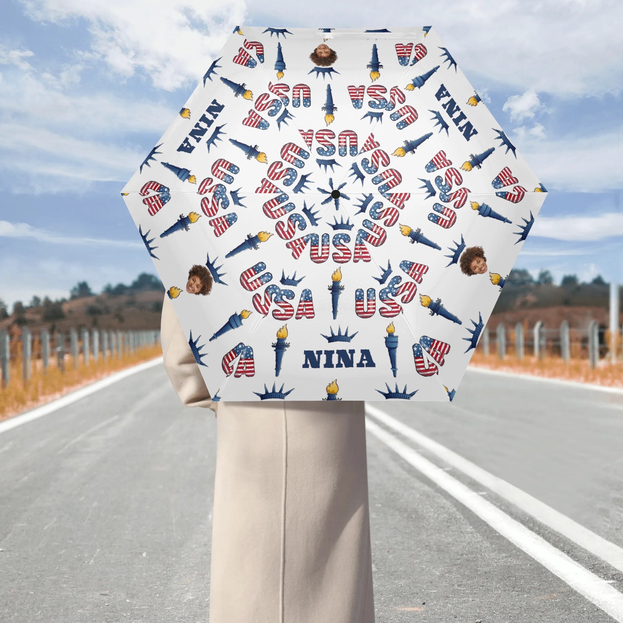Personalized Patriotic Auto Open Close Umbrella - opened view | Our Phoenix Rise