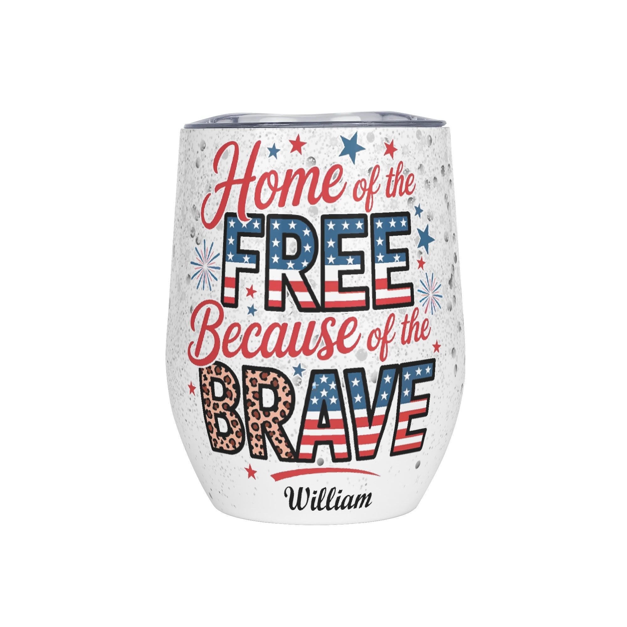 Personalized Patriotic 12oz Wine Tumbler - Closeup of custom name 'William' detail | Our Phoenix Rise