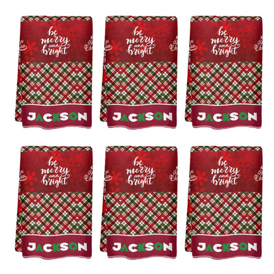 Personalized Christmas Plaid Hand Towel 6-Pack - Stacked front view with custom 'JACKSON' name | Our Phoenix Rise