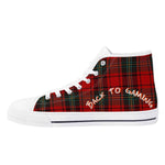 Red Plaid Christmas High Top Canvas Shoes - Angled view, classic plaid | Our Phoenix Rise