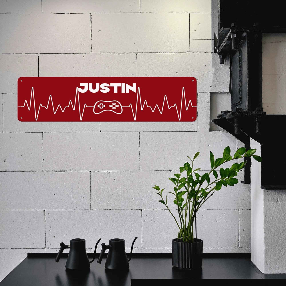 Custom Gamer Heartbeat Metal Wall Art  | Red Personalized (16" x 4")