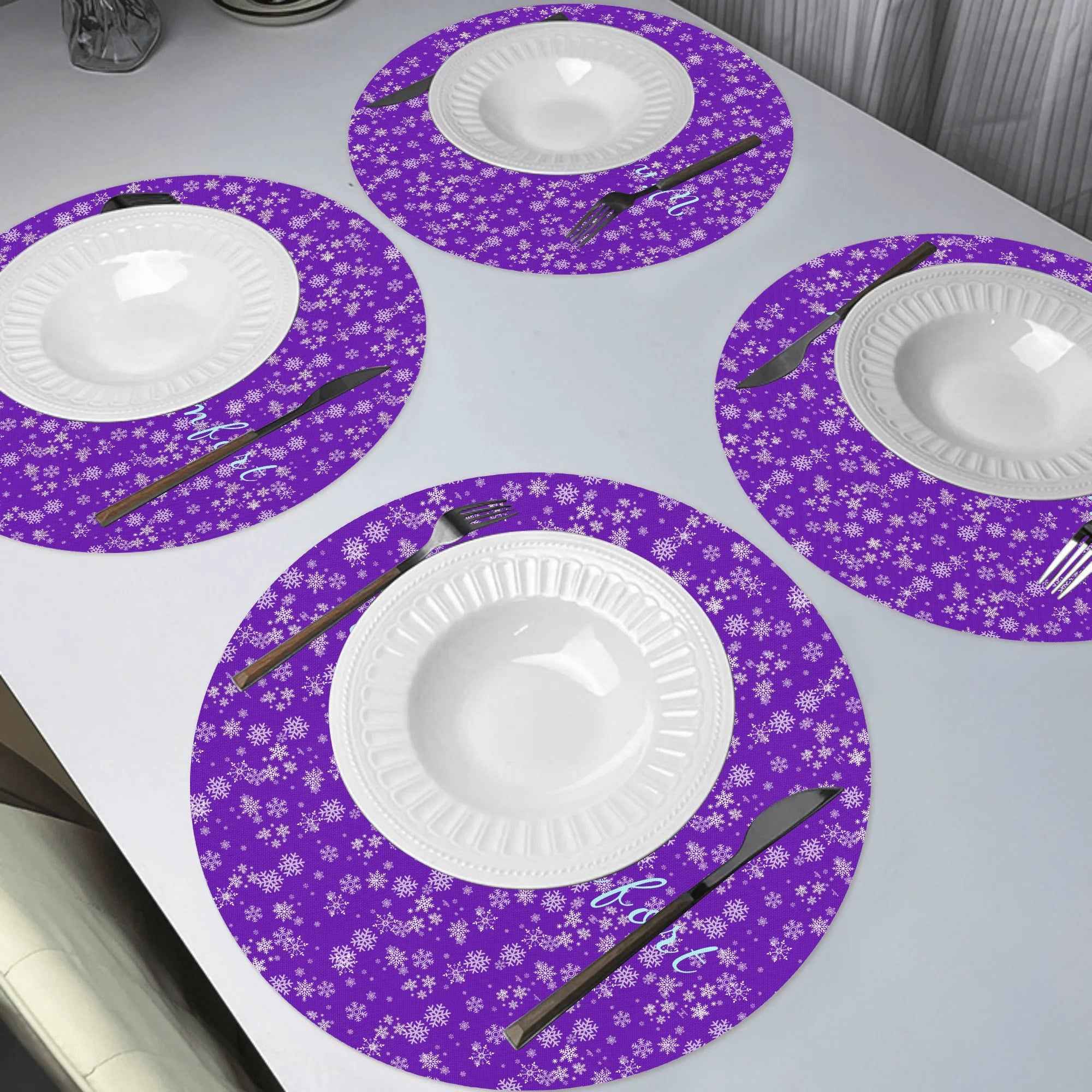 Purple Snowflake Round Placemats Set of 4 Winter Comfort 13.8-15 In