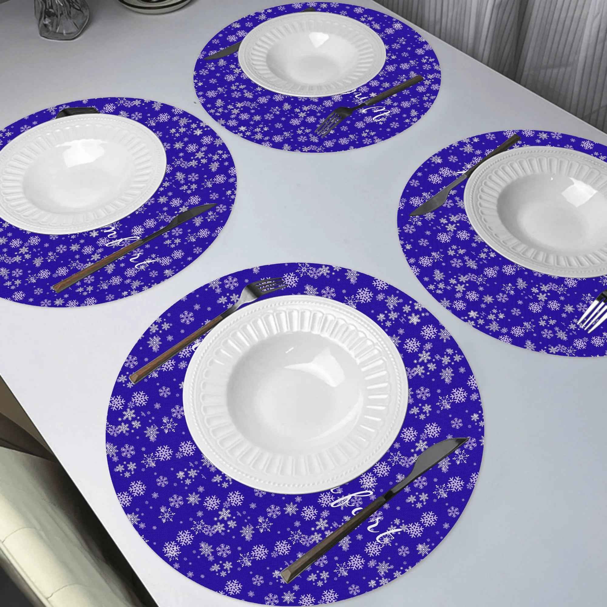 Personalized Blue Snowflake Round Placemats 13.8in 15in Set of 4 Blue