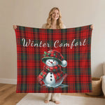 Plaid Snowman Winter Flannel Blanket - Woman holding blanket with "Winter Comfort" text | Our Phoenix Rise