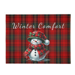 Plaid Snowman Winter Flannel Blanket - Full design flat lay with "Winter Comfort" text | Our Phoenix Rise