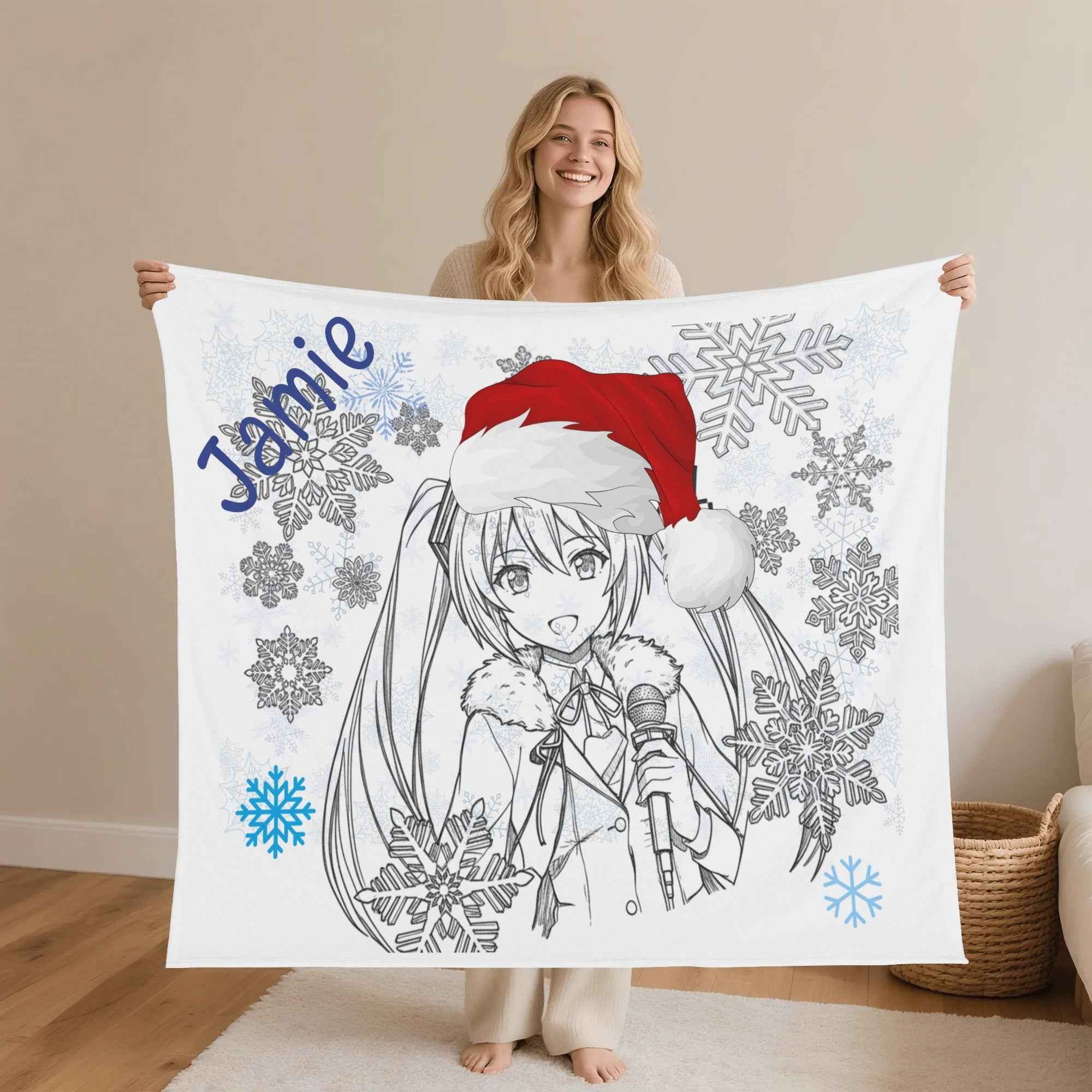 Anime Christmas Snowflake Flannel Blanket White Blue 30x40-60x80in