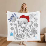 Anime Christmas Holiday Flannel Blanket - Girl in Santa Hat with Blue Snowflakes | Our Phoenix Rise