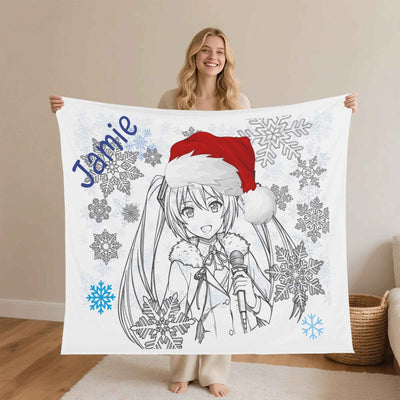 Anime Christmas Holiday Flannel Blanket - Girl in Santa Hat with Blue Snowflakes | Our Phoenix Rise