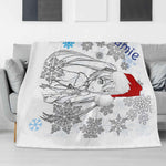 Anime Christmas Holiday Flannel Blanket - Draped over Modern Grey Sofa | Our Phoenix Rise