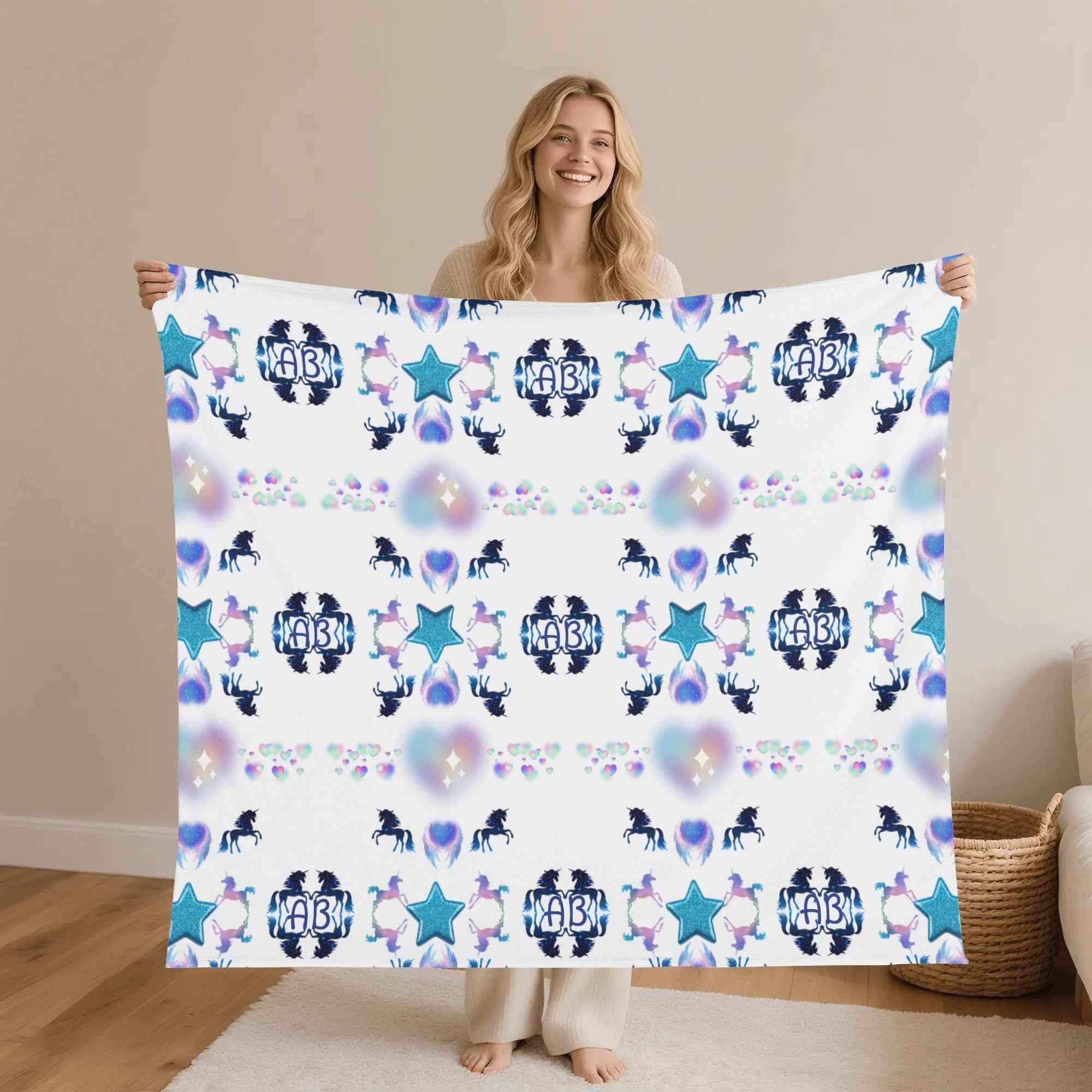 Blue Pink Unicorn Snowflake Flannel Blanket 30x40/40x50in /50x60in/60x80